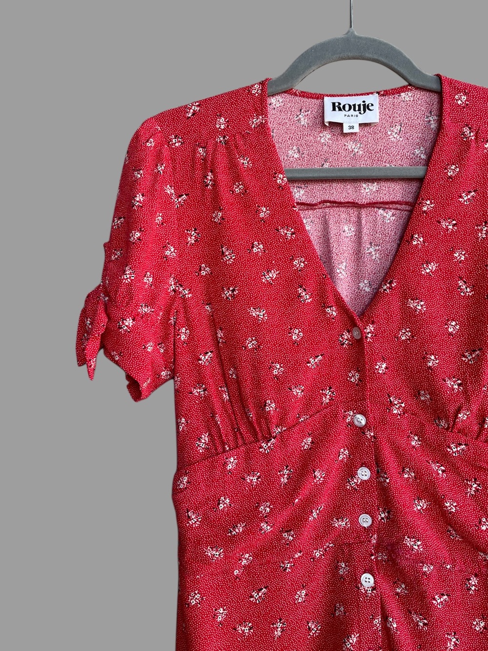 ROUJE Red & White Floral Dot Printed Button Down V Neck Laura Midi Dress 38, 4/6 - Picture 4 of 17